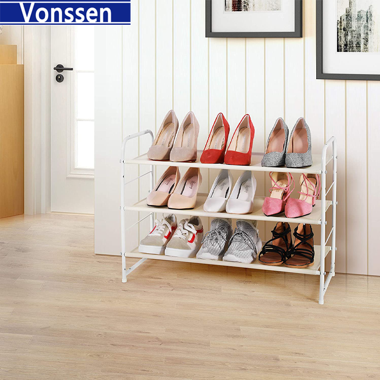 Vonssen Simple Trending 3-Tier Stackable Shoe Rack Expandable & Adjustable Fabric Shoe Shelf Storage Organizer VS1060200014