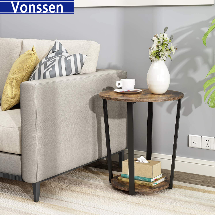 Vonssen Round End Table with Storage Shelf Side Tray for Small Space Easy Assembly Accent Furniture with Steel Frame VS1010400037