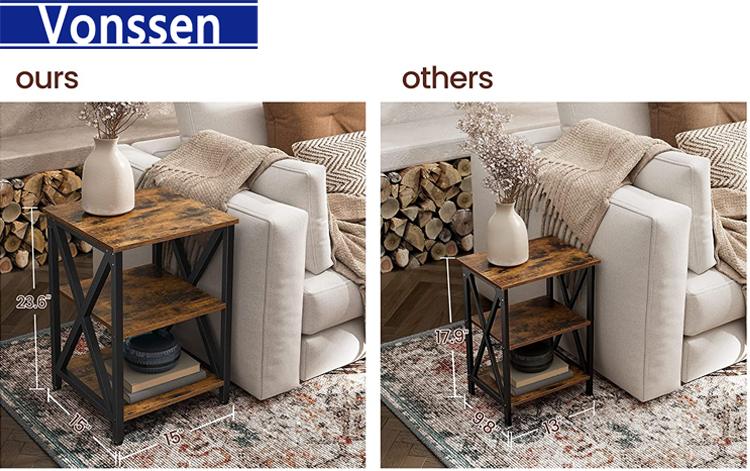 Vonssen End Table Side Table with Storage Nightstand with X-Shaped Steel Frame Rustic Table for Living Room Bedroom Farmhouse 3-Tier Rustic Brown and Black VS1010400040