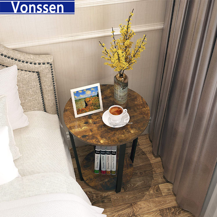 Vonssen Round End Table with Storage Shelf Side Tray for Small Space Easy Assembly Accent Furniture with Steel Frame VS1010400037