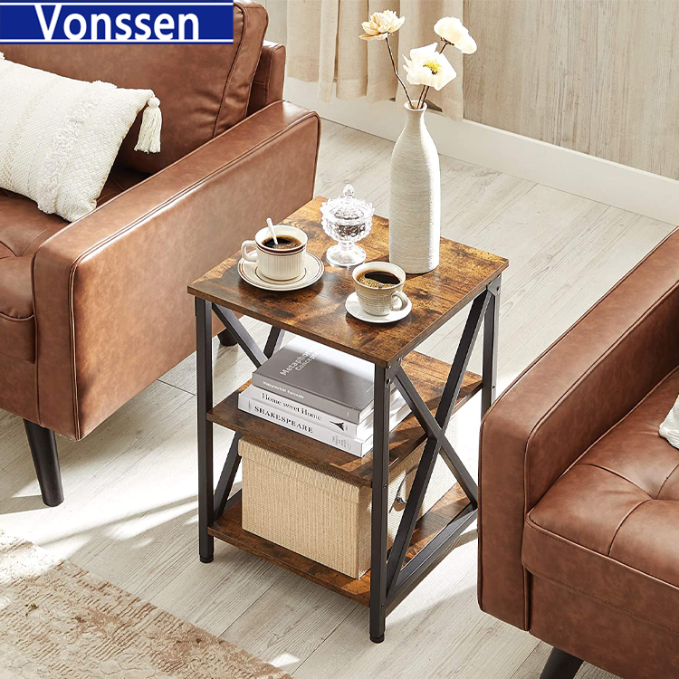 Vonssen End Table Side Table with Storage Nightstand with X-Shaped Steel Frame Rustic Table for Living Room Bedroom Farmhouse 3-Tier Rustic Brown and Black VS1010400040