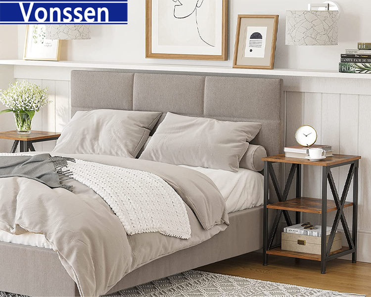 Vonssen End Table Side Table with Storage Nightstand with X-Shaped Steel Frame Rustic Table for Living Room Bedroom Farmhouse 3-Tier Rustic Brown and Black VS1010400040