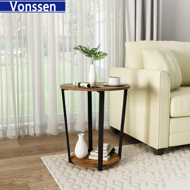Vonssen Round End Table with Storage Shelf Side Tray for Small Space Easy Assembly Accent Furniture with Steel Frame VS1010400037