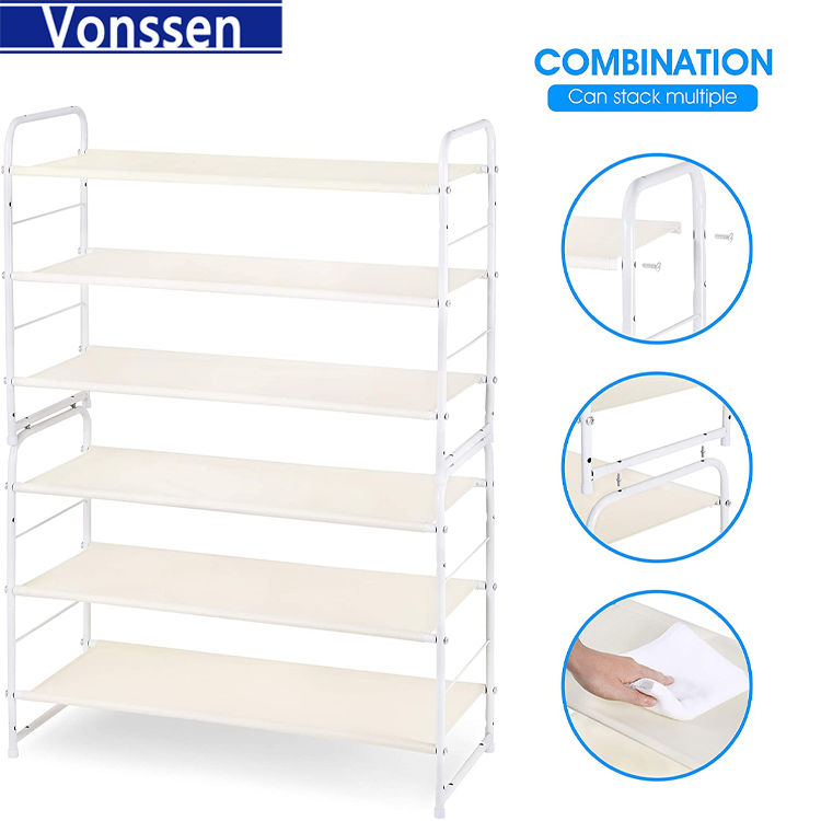 Vonssen Simple Trending 3-Tier Stackable Shoe Rack Expandable & Adjustable Fabric Shoe Shelf Storage Organizer VS1060200014
