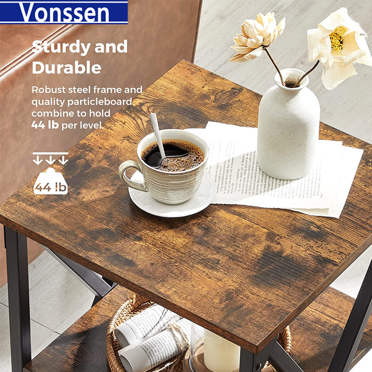 Vonssen End Table Side Table with Storage Nightstand with X-Shaped Steel Frame Rustic Table for Living Room Bedroom Farmhouse 3-Tier Rustic Brown and Black VS1010400040