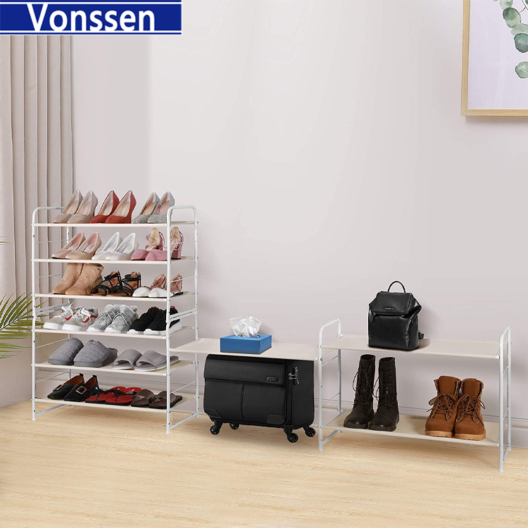 Vonssen Simple Trending 3-Tier Stackable Shoe Rack Expandable & Adjustable Fabric Shoe Shelf Storage Organizer VS1060200014