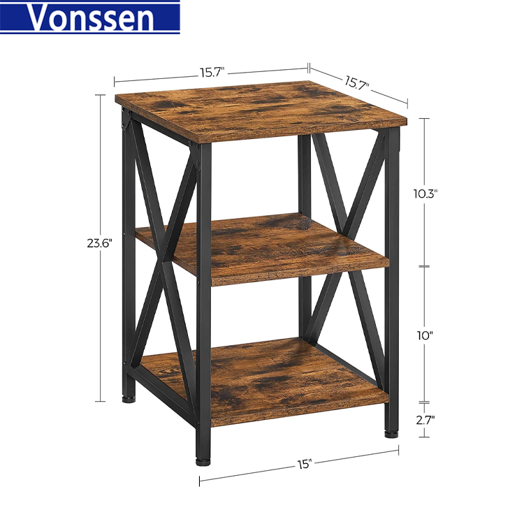 Vonssen End Table Side Table with Storage Nightstand with X-Shaped Steel Frame Rustic Table for Living Room Bedroom Farmhouse 3-Tier Rustic Brown and Black VS1010400040