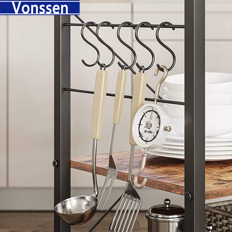Vonssen Baker'S Rack Kitchen Cart 3-Tier Utility Microwave Oven Rack On Wheels Coffee Cart With Storage And 10 Hooks Rustic Brown VS1030700023