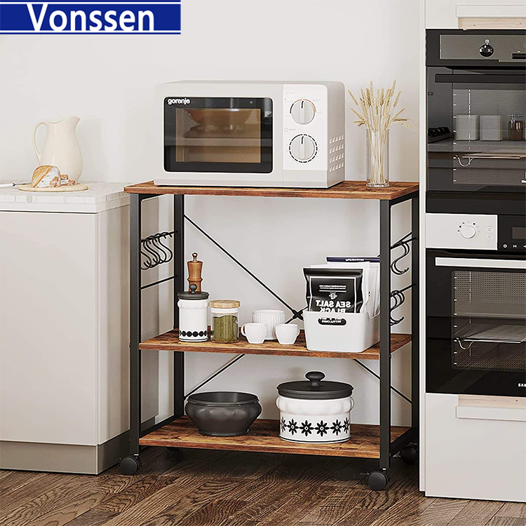 Vonssen Baker'S Rack Kitchen Cart 3-Tier Utility Microwave Oven Rack On Wheels Coffee Cart With Storage And 10 Hooks Rustic Brown VS1030700023