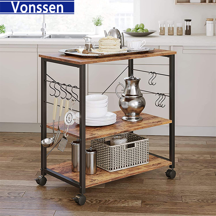 Vonssen Baker'S Rack Kitchen Cart 3-Tier Utility Microwave Oven Rack On Wheels Coffee Cart With Storage And 10 Hooks Rustic Brown VS1030700023