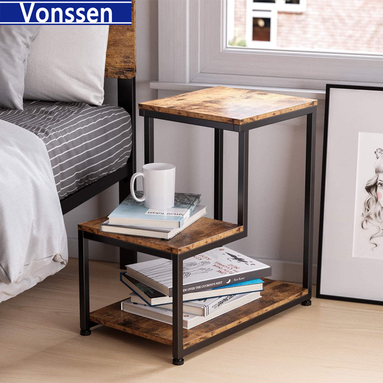 Vonssen Side Tables Living Room 3-Tier End Tables Bedroom Nightstand with Storage Sturdy Rustic Home Decor Easy Assembly VS1010400029