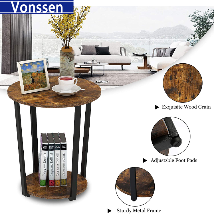 Vonssen Round End Table with Storage Shelf Side Tray for Small Space Easy Assembly Accent Furniture with Steel Frame VS1010400037