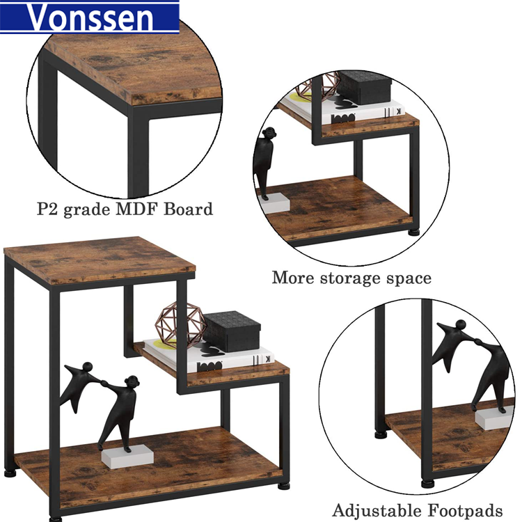 Vonssen Side Tables Living Room 3-Tier End Tables Bedroom Nightstand with Storage Sturdy Rustic Home Decor Easy Assembly VS1010400029