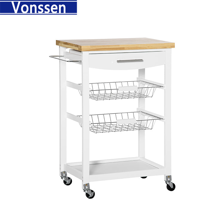 Vonssen Kitchen Trolley with Folding Top Country Style 3 Baskets Knife Block Bottle Rack Butler White MDF SI-20224
