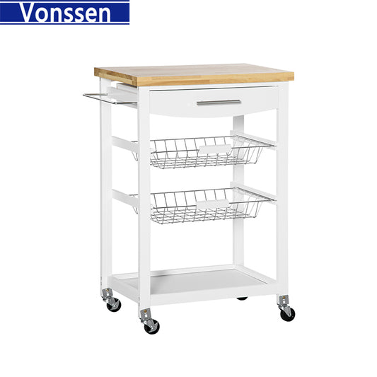 Vonssen Kitchen Trolley with Folding Top Country Style 3 Baskets Knife Block Bottle Rack Butler White MDF SI-20224